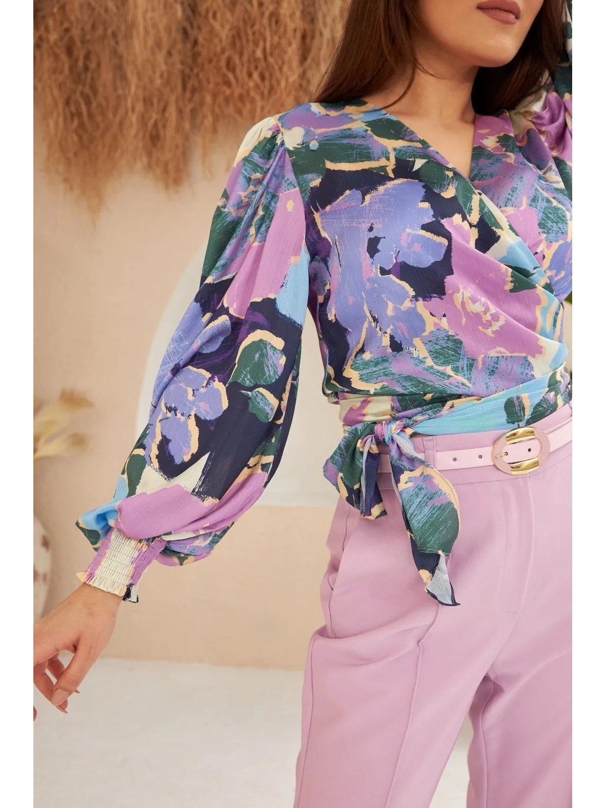 Purple Patterned Cross Tie Blouse
