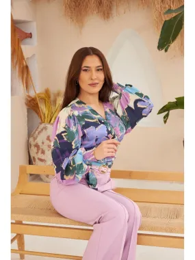 Purple Patterned Cross Tie Blouse