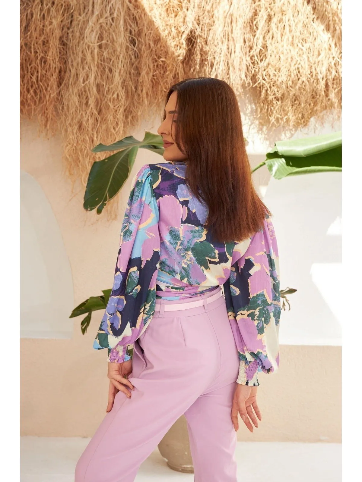 Purple Patterned Cross Tie Blouse
