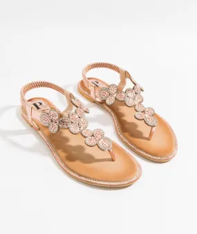 Rose Gold Flower Embellished Toe Post Sandals