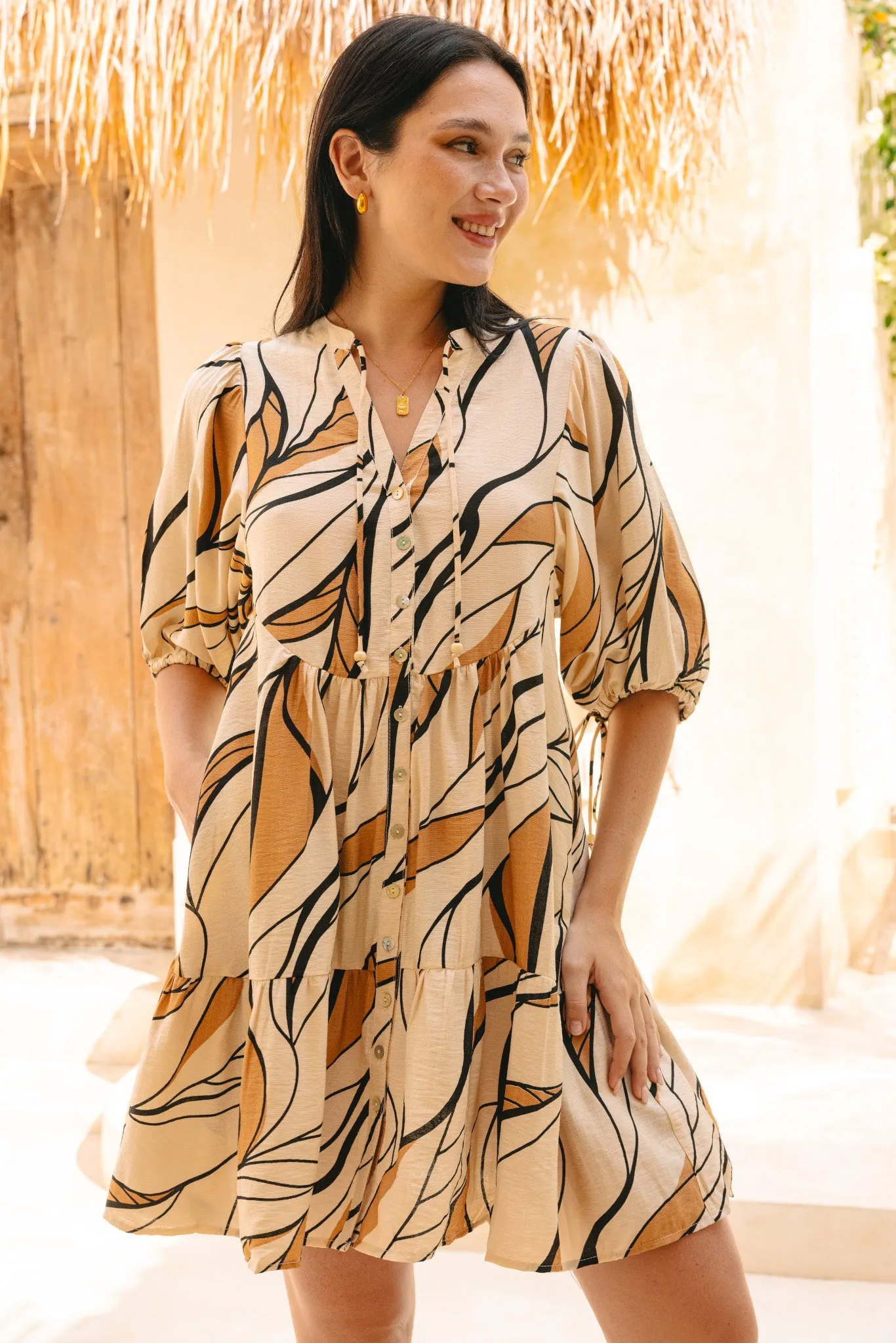 Rue Beige Abstract Button Down Mini Dress