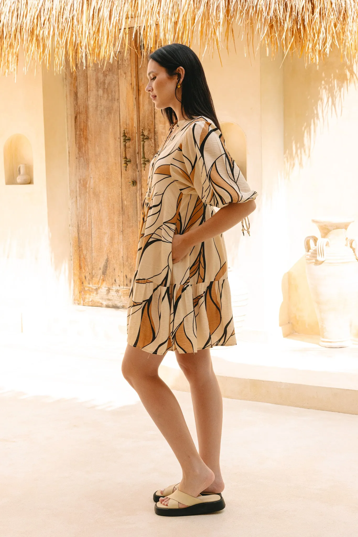 Rue Beige Abstract Button Down Mini Dress