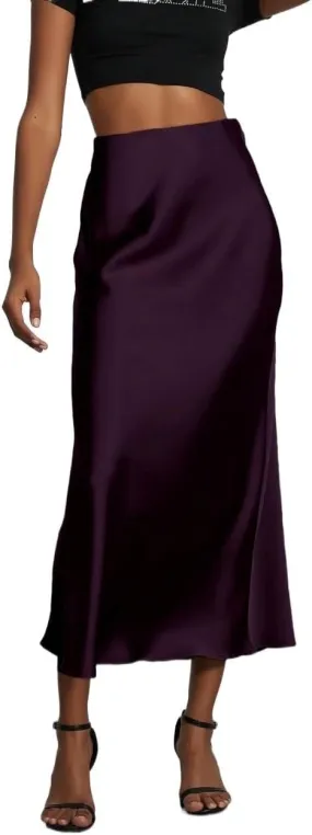 Sexy Slim Fit Women's Satin Stretch Mid Calf Length Skirt for Womens