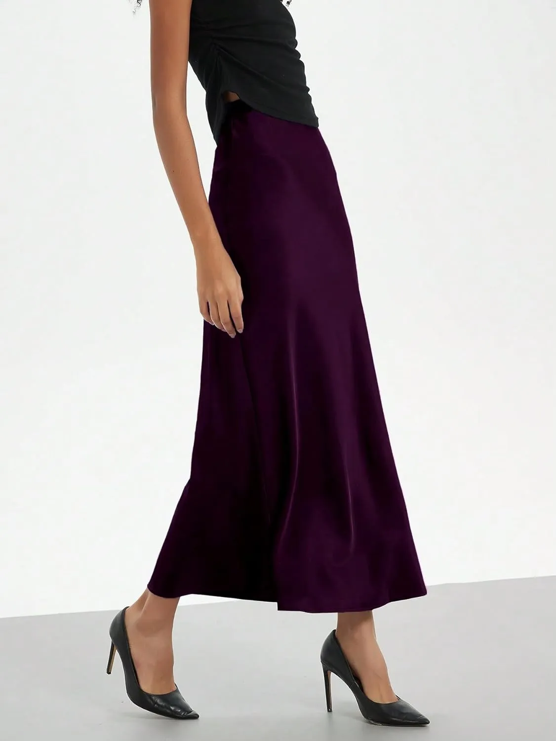 Sexy Slim Fit Women's Satin Stretch Mid Calf Length Skirt for Womens