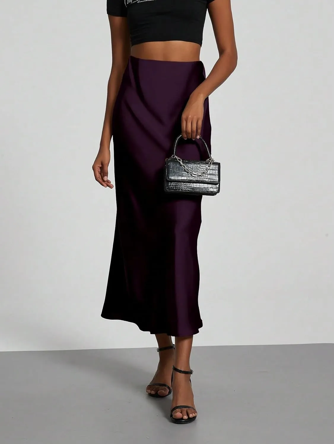 Sexy Slim Fit Women's Satin Stretch Mid Calf Length Skirt for Womens