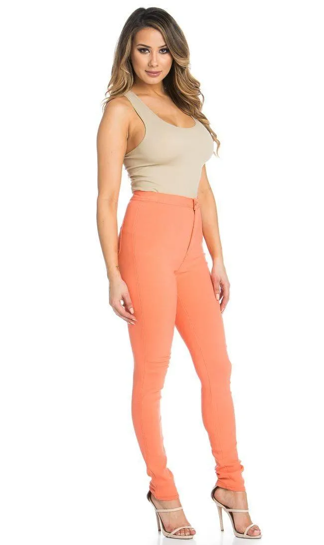 Super High Waisted Stretchy Skinny Jeans - Coral