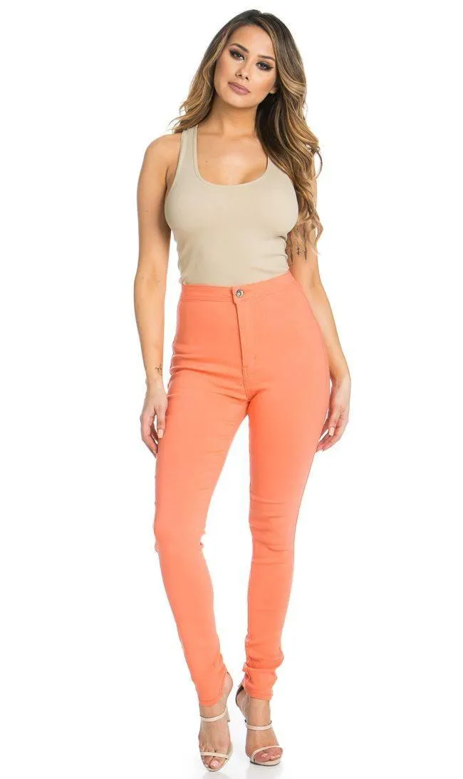 Super High Waisted Stretchy Skinny Jeans - Coral
