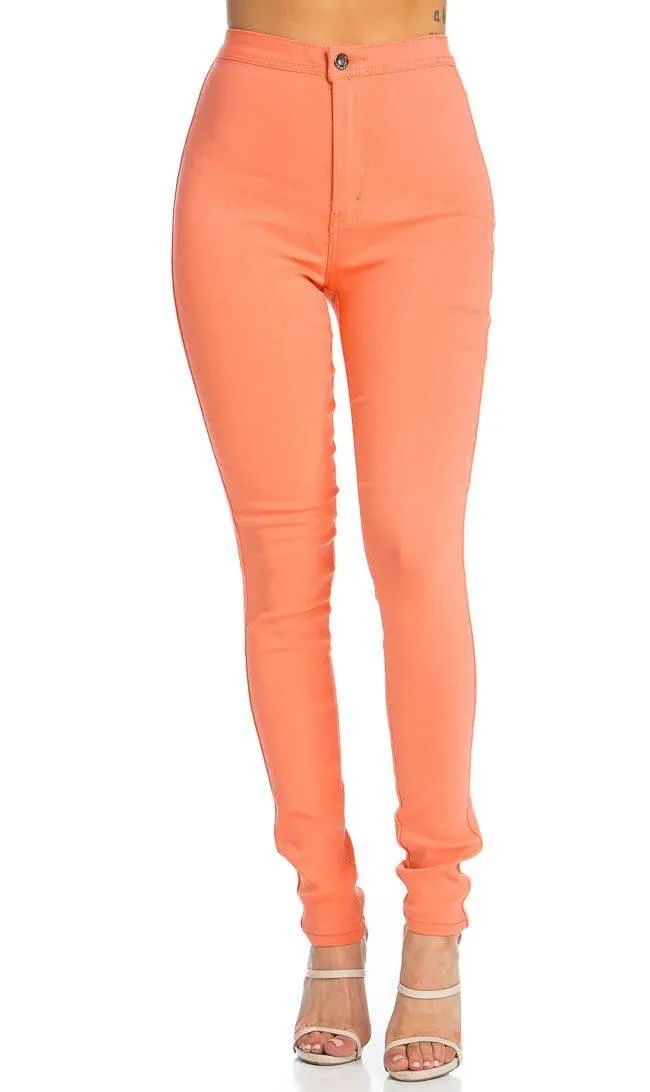 Super High Waisted Stretchy Skinny Jeans - Coral