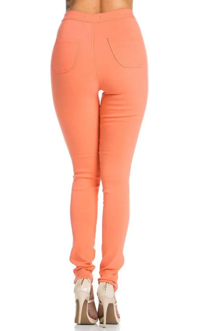 Super High Waisted Stretchy Skinny Jeans - Coral
