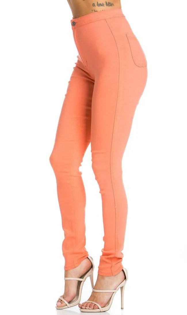 Super High Waisted Stretchy Skinny Jeans - Coral