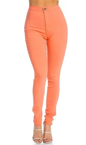 Super High Waisted Stretchy Skinny Jeans - Coral