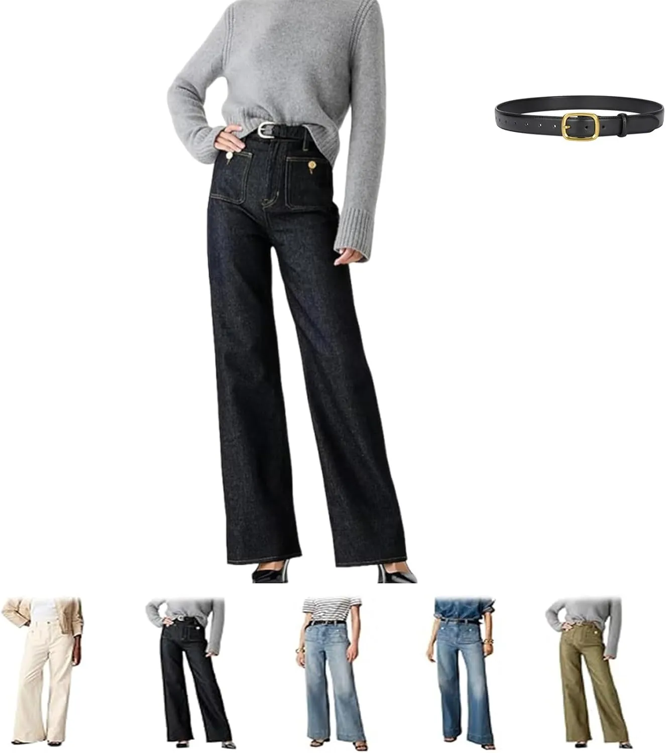 Tummy Control Sailor Wide Leg Trouser, High Waisted Wide Leg Straight Stretchy Denim Chiccurva Pants for Women