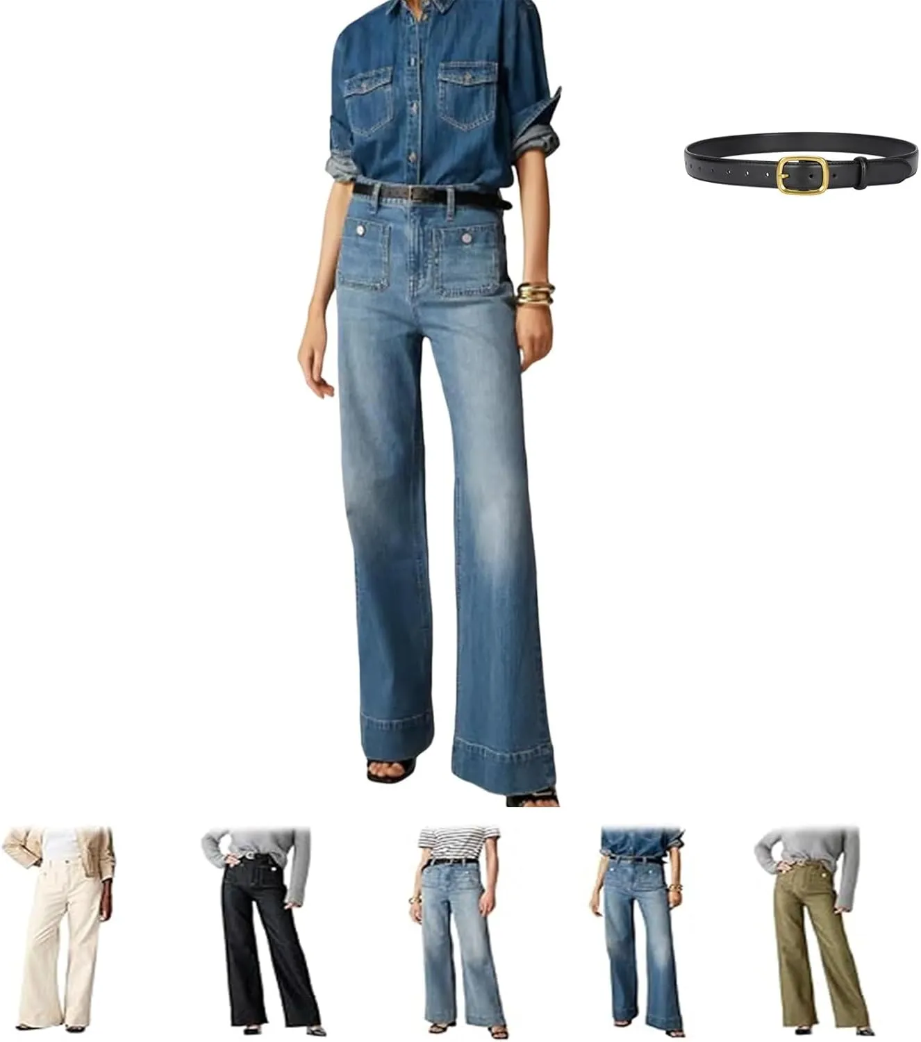 Tummy Control Sailor Wide Leg Trouser, High Waisted Wide Leg Straight Stretchy Denim Chiccurva Pants for Women