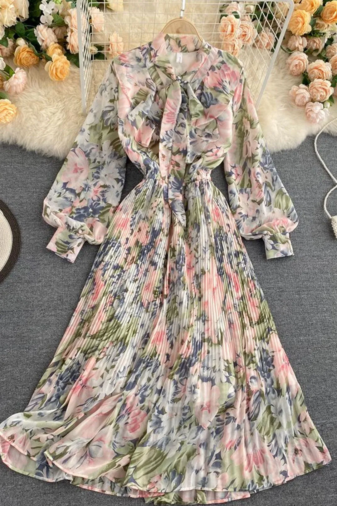 Vintage Dress, Boho Maxi Dress, Gown, Pink Rose Garden