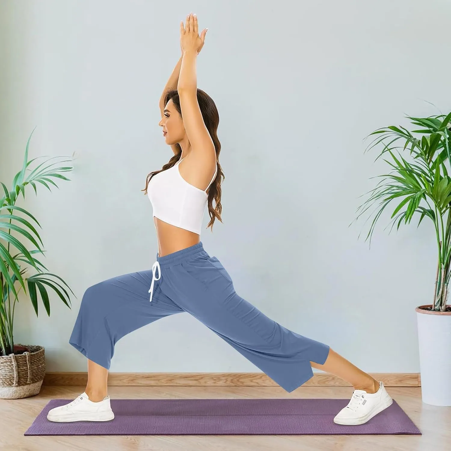 Wide Leg Capris for Women Comfortable Casual Loose Trousers Summer Trendy High Waist Drawstring Sweatpants