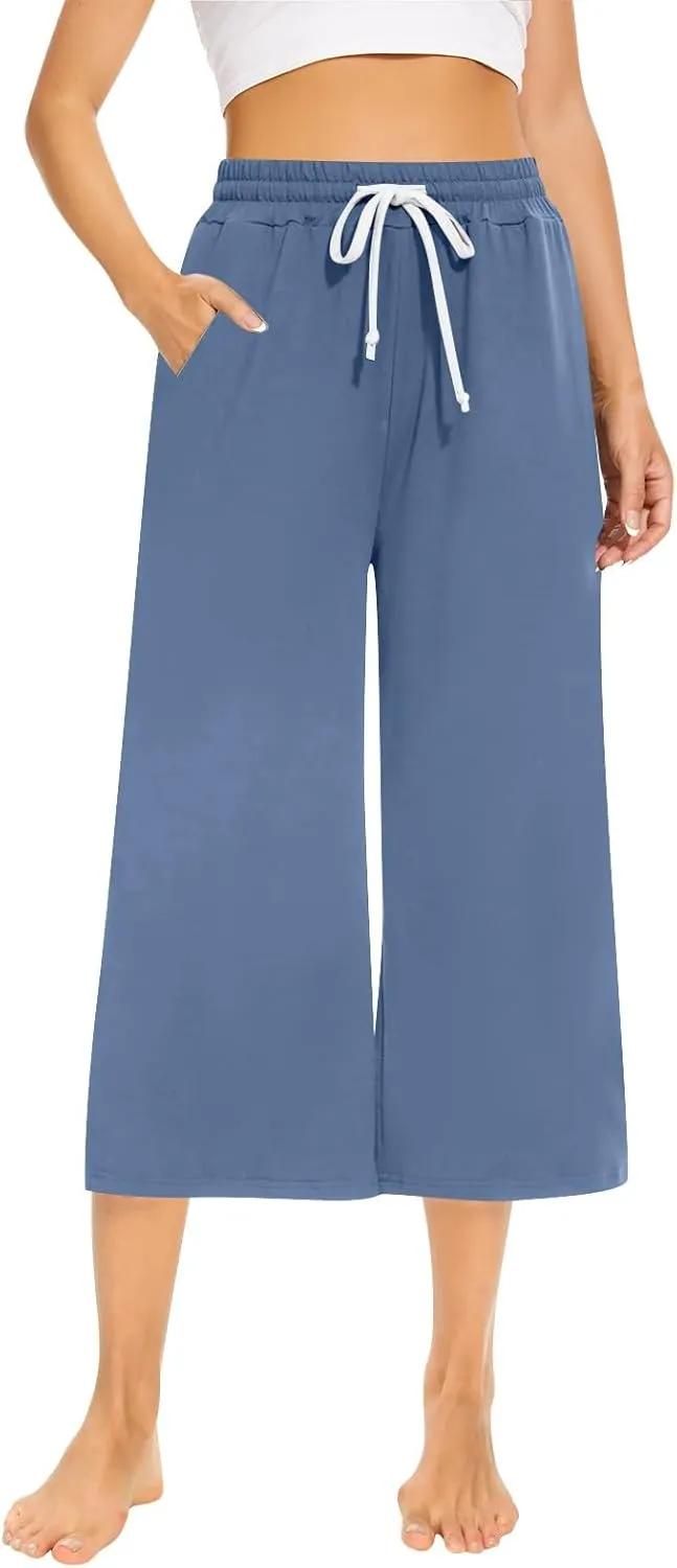 Wide Leg Capris for Women Comfortable Casual Loose Trousers Summer Trendy High Waist Drawstring Sweatpants