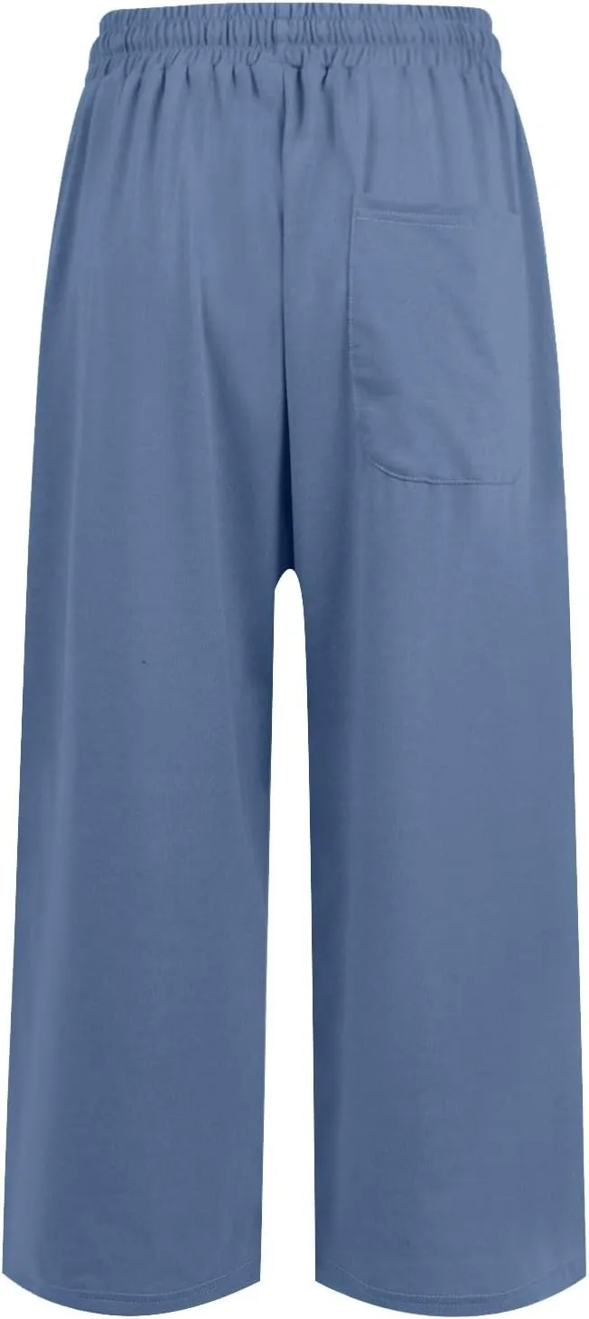 Wide Leg Capris for Women Comfortable Casual Loose Trousers Summer Trendy High Waist Drawstring Sweatpants