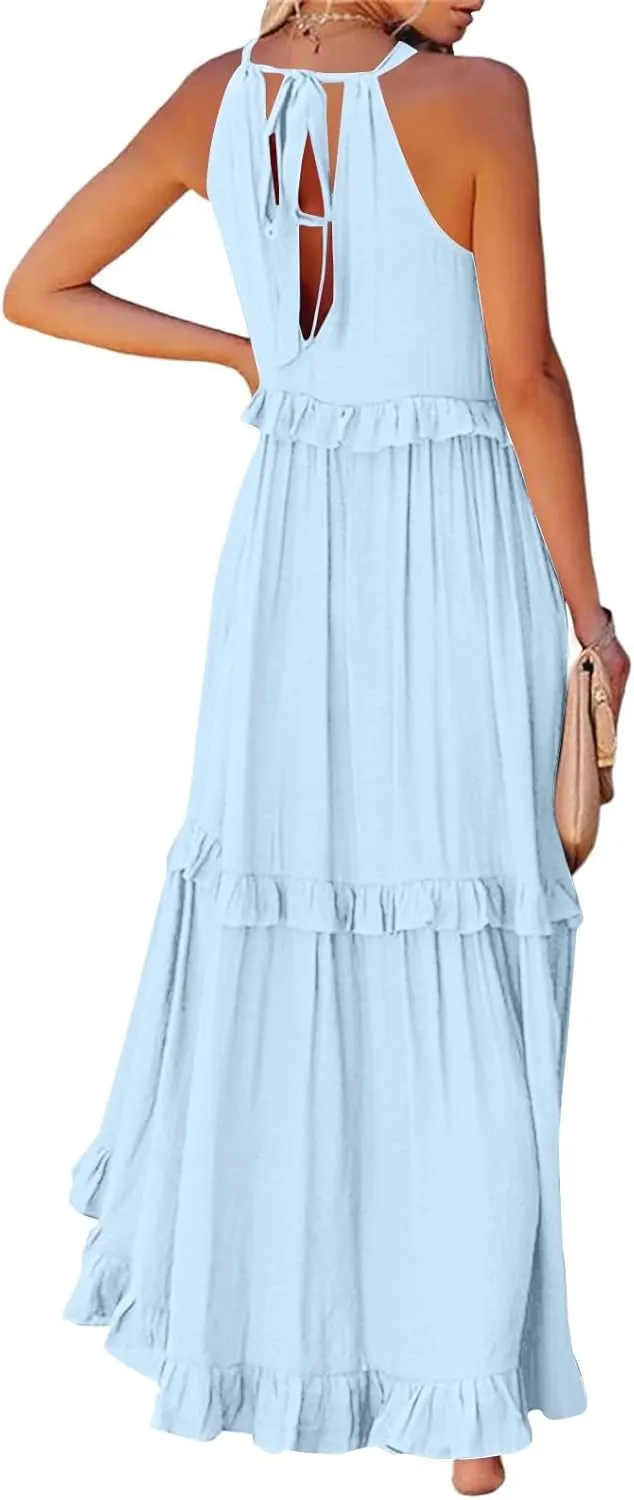 Women Boho Halter Maxi Dress Stretch Pleated Tiered Flowy Long Dress Ruffle Casual Beach Formal Dress Maternity Dress