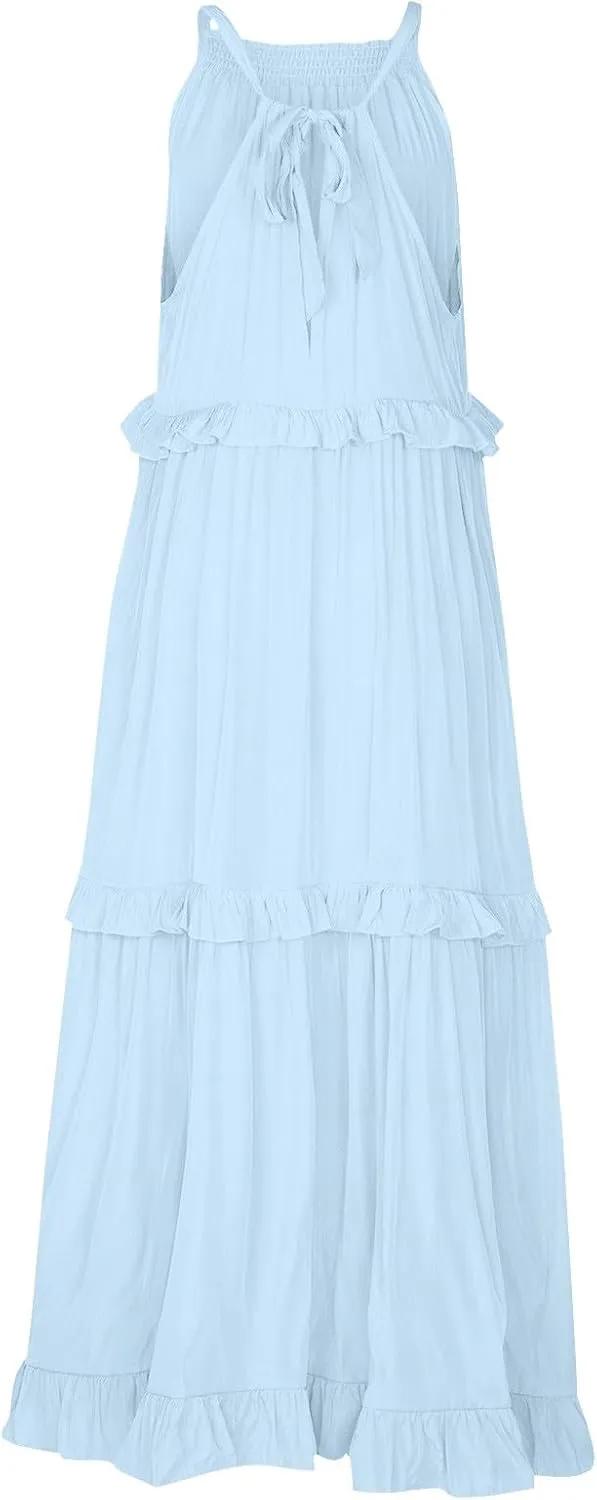 Women Boho Halter Maxi Dress Stretch Pleated Tiered Flowy Long Dress Ruffle Casual Beach Formal Dress Maternity Dress