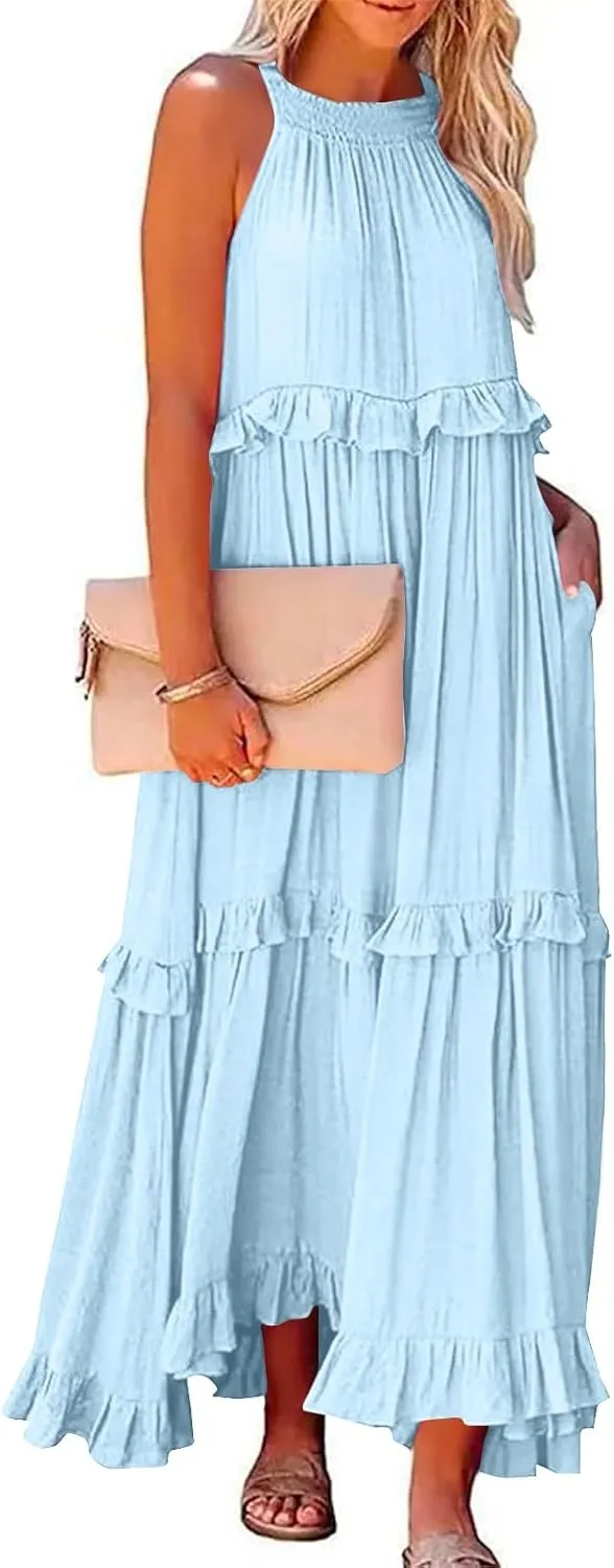 Women Boho Halter Maxi Dress Stretch Pleated Tiered Flowy Long Dress Ruffle Casual Beach Formal Dress Maternity Dress