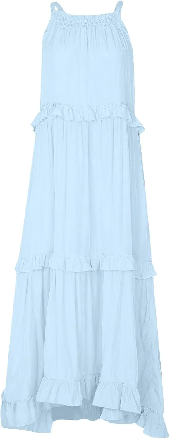 Women Boho Halter Maxi Dress Stretch Pleated Tiered Flowy Long Dress Ruffle Casual Beach Formal Dress Maternity Dress