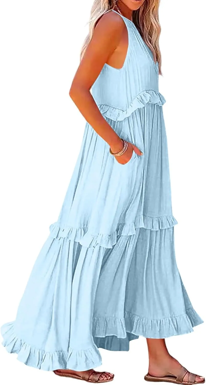 Women Boho Halter Maxi Dress Stretch Pleated Tiered Flowy Long Dress Ruffle Casual Beach Formal Dress Maternity Dress