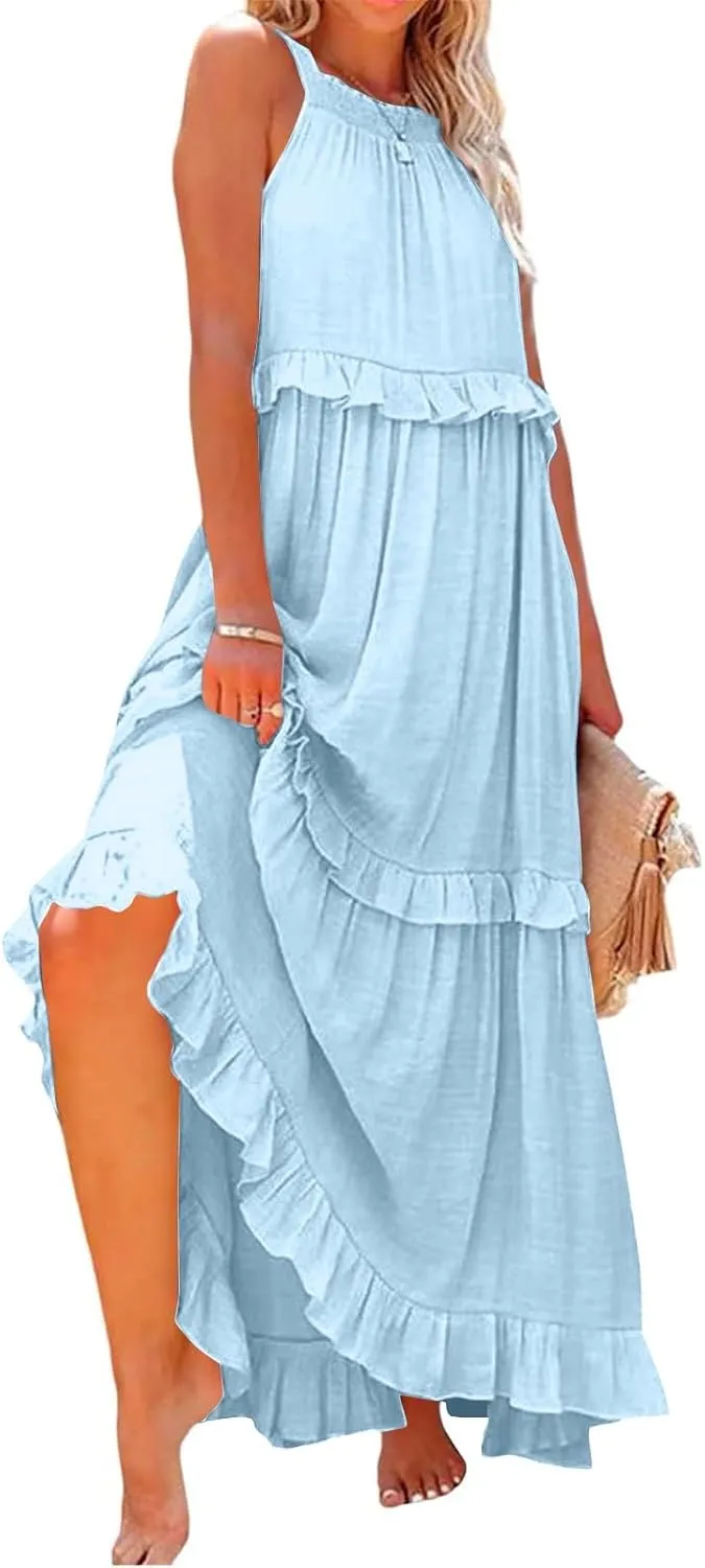 Women Boho Halter Maxi Dress Stretch Pleated Tiered Flowy Long Dress Ruffle Casual Beach Formal Dress Maternity Dress