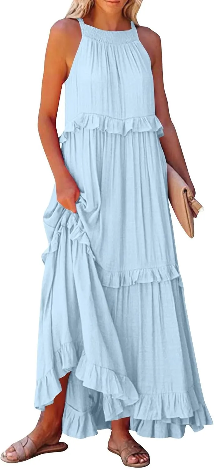 Women Boho Halter Maxi Dress Stretch Pleated Tiered Flowy Long Dress Ruffle Casual Beach Formal Dress Maternity Dress