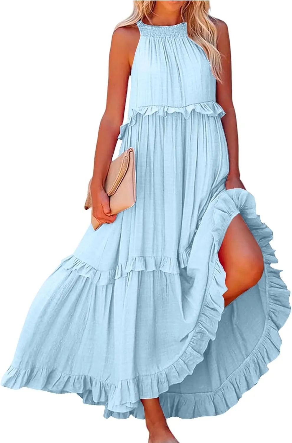 Women Boho Halter Maxi Dress Stretch Pleated Tiered Flowy Long Dress Ruffle Casual Beach Formal Dress Maternity Dress