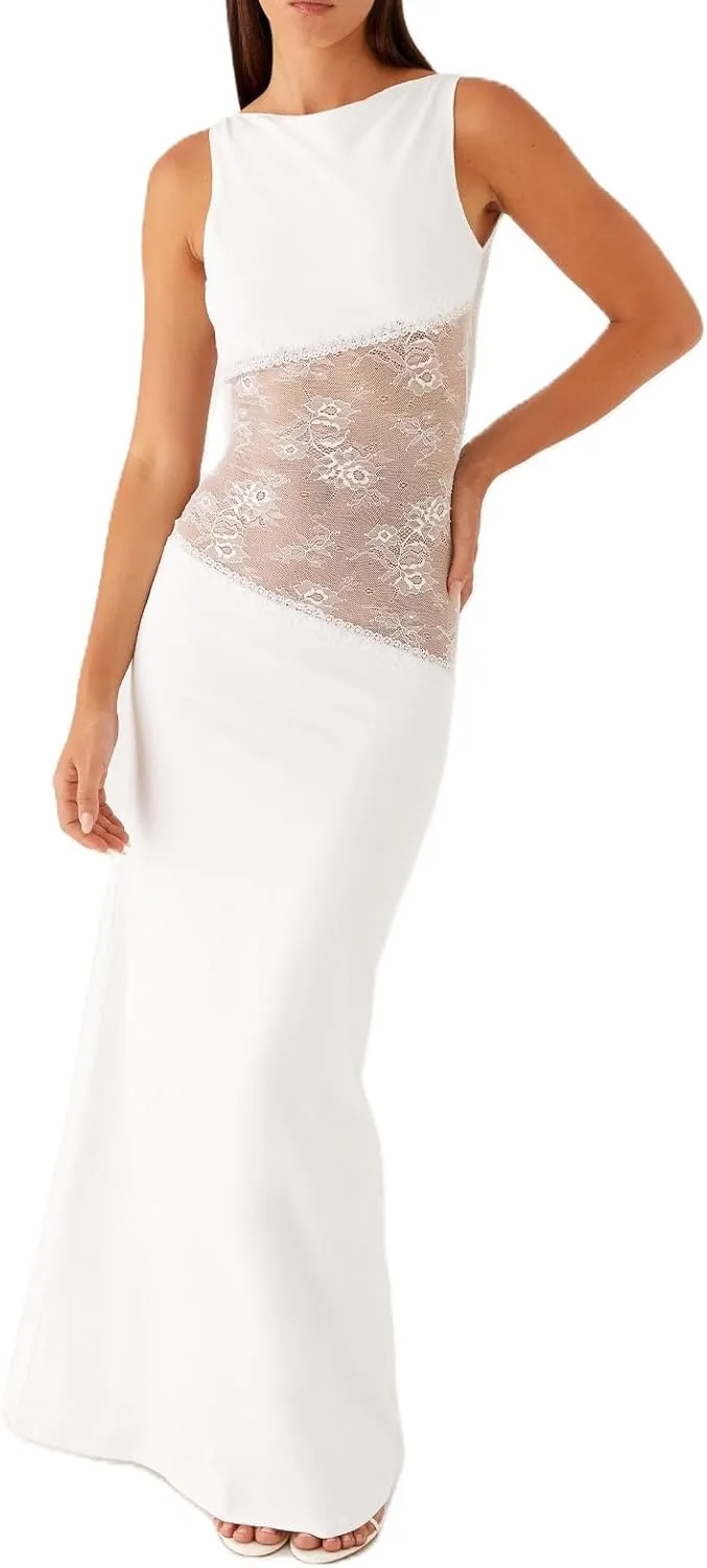 Women Cut Out Tank Lace Maxi Dress Sexy Hollow Out Lace Patchwork Bodycon Long Dresses Cocktail Evening Dress