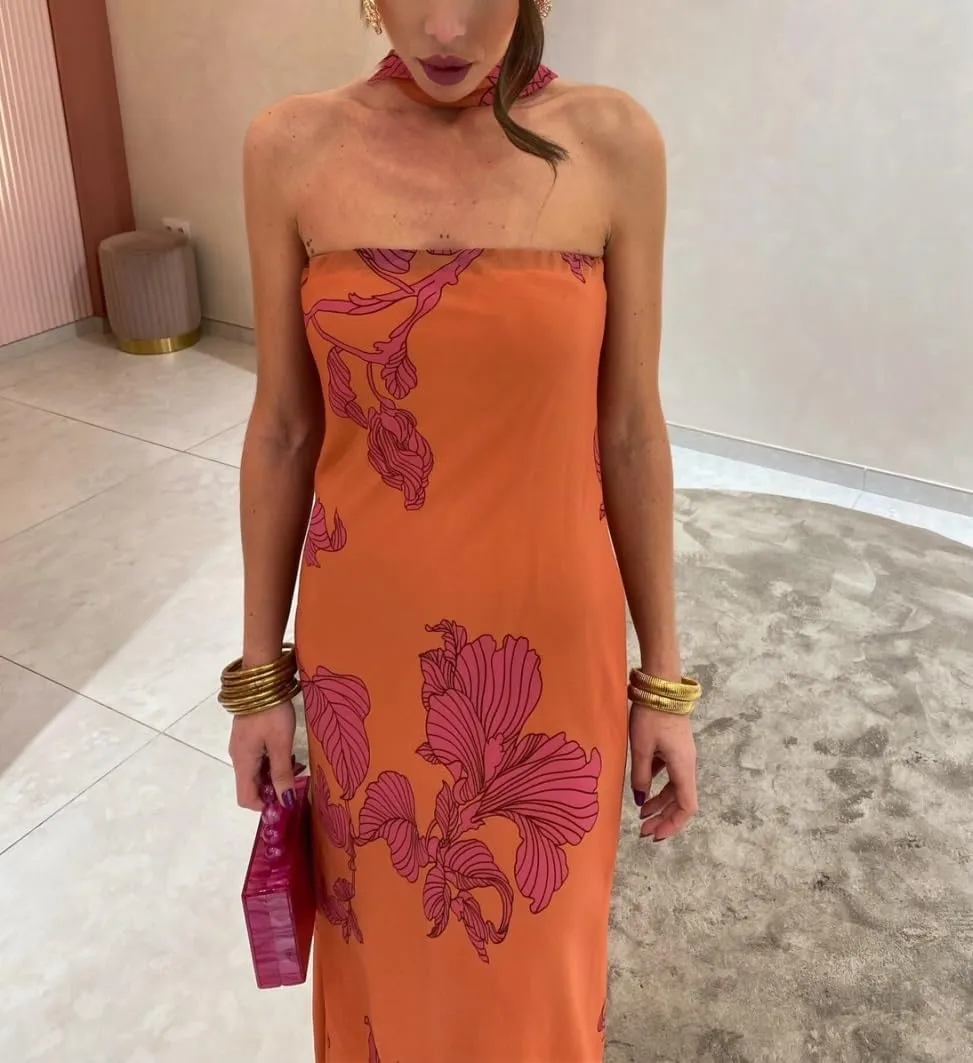 Women Floral Maxi Dress with Scarf Elegant Strapless Backless Bodycon Long Dress Y2k Tube Cocktail Sundress