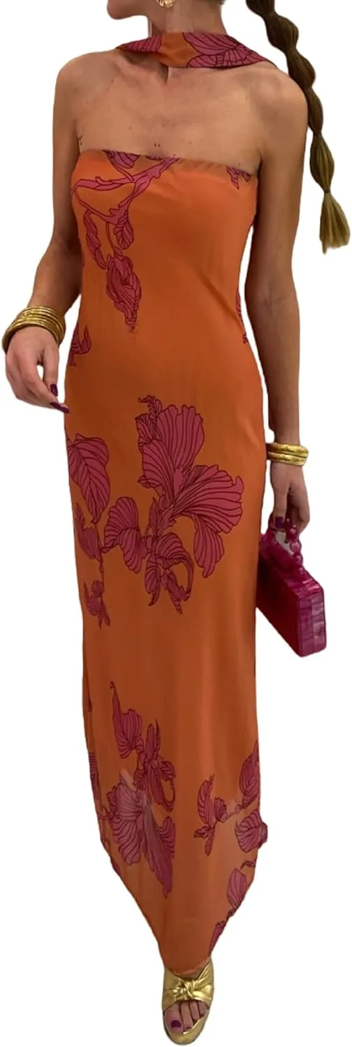 Women Floral Maxi Dress with Scarf Elegant Strapless Backless Bodycon Long Dress Y2k Tube Cocktail Sundress