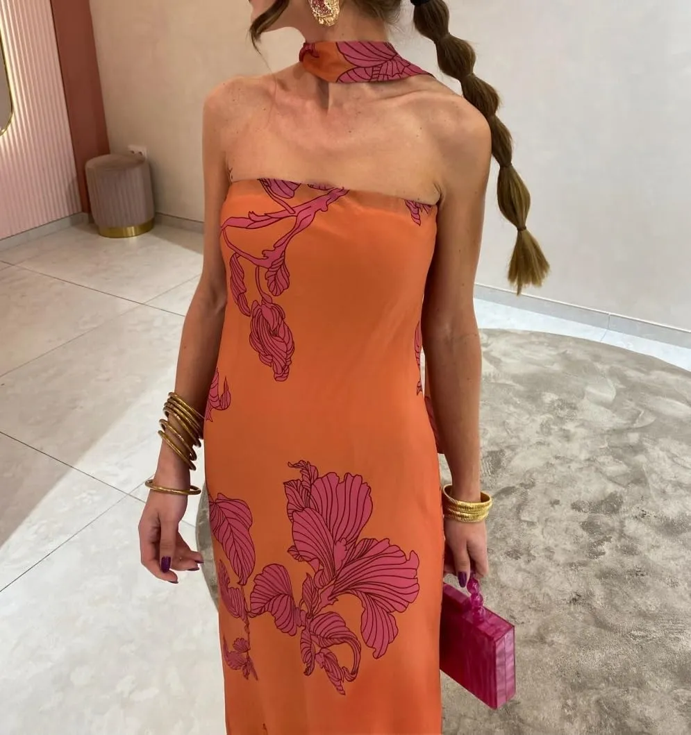 Women Floral Maxi Dress with Scarf Elegant Strapless Backless Bodycon Long Dress Y2k Tube Cocktail Sundress
