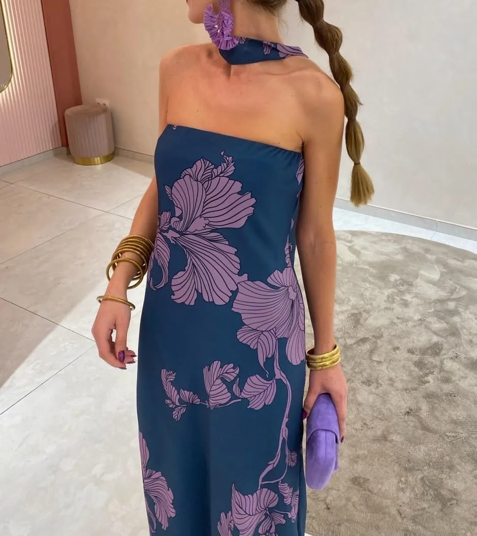 Women Floral Maxi Dress with Scarf Elegant Strapless Backless Bodycon Long Dress Y2k Tube Cocktail Sundress