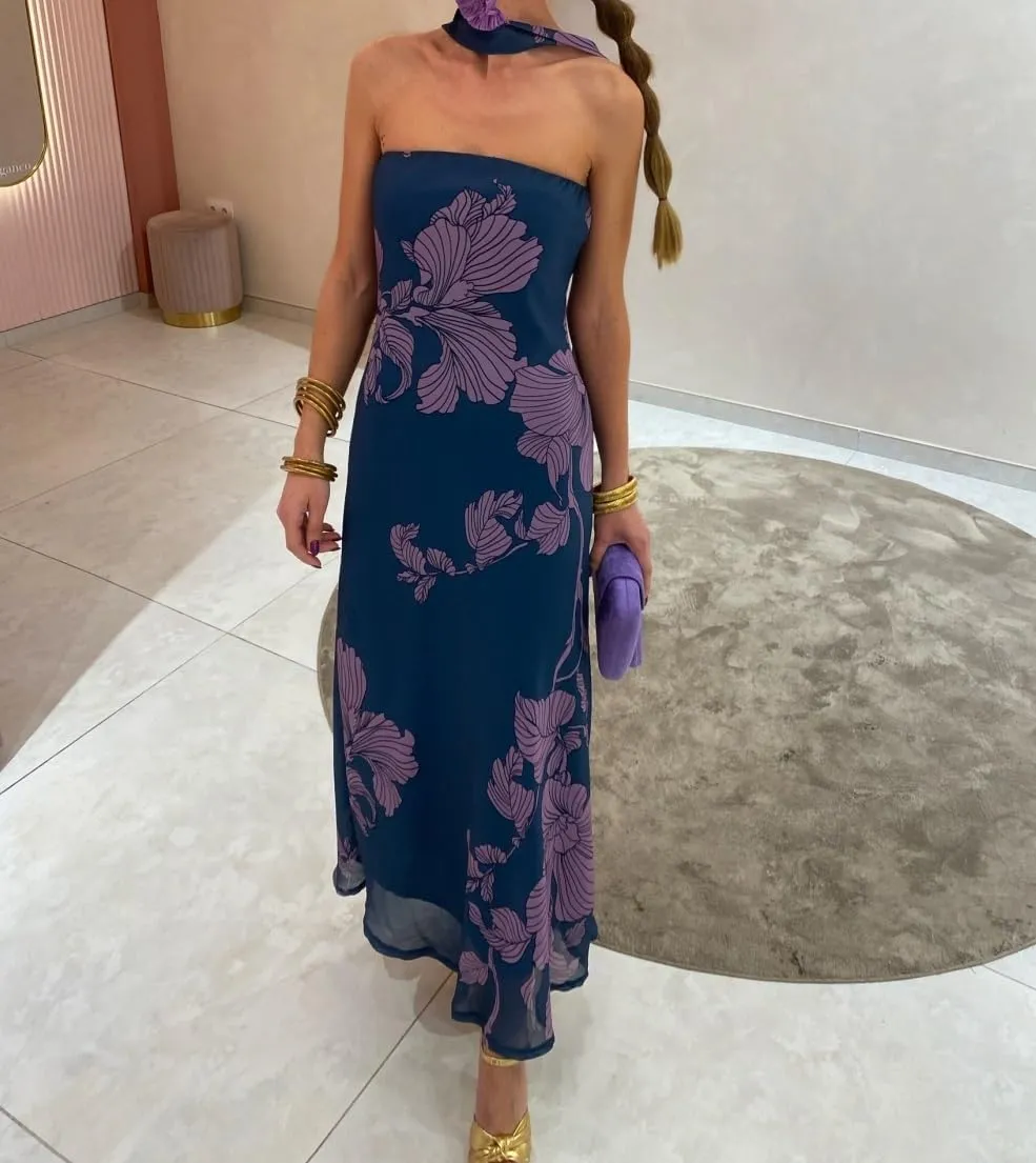 Women Floral Maxi Dress with Scarf Elegant Strapless Backless Bodycon Long Dress Y2k Tube Cocktail Sundress