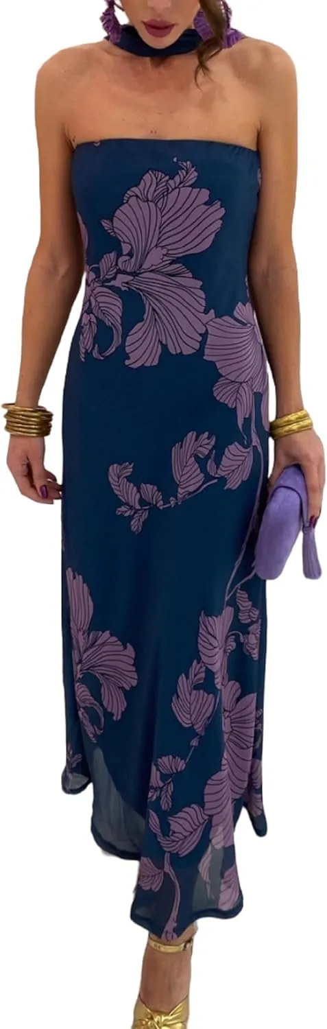 Women Floral Maxi Dress with Scarf Elegant Strapless Backless Bodycon Long Dress Y2k Tube Cocktail Sundress