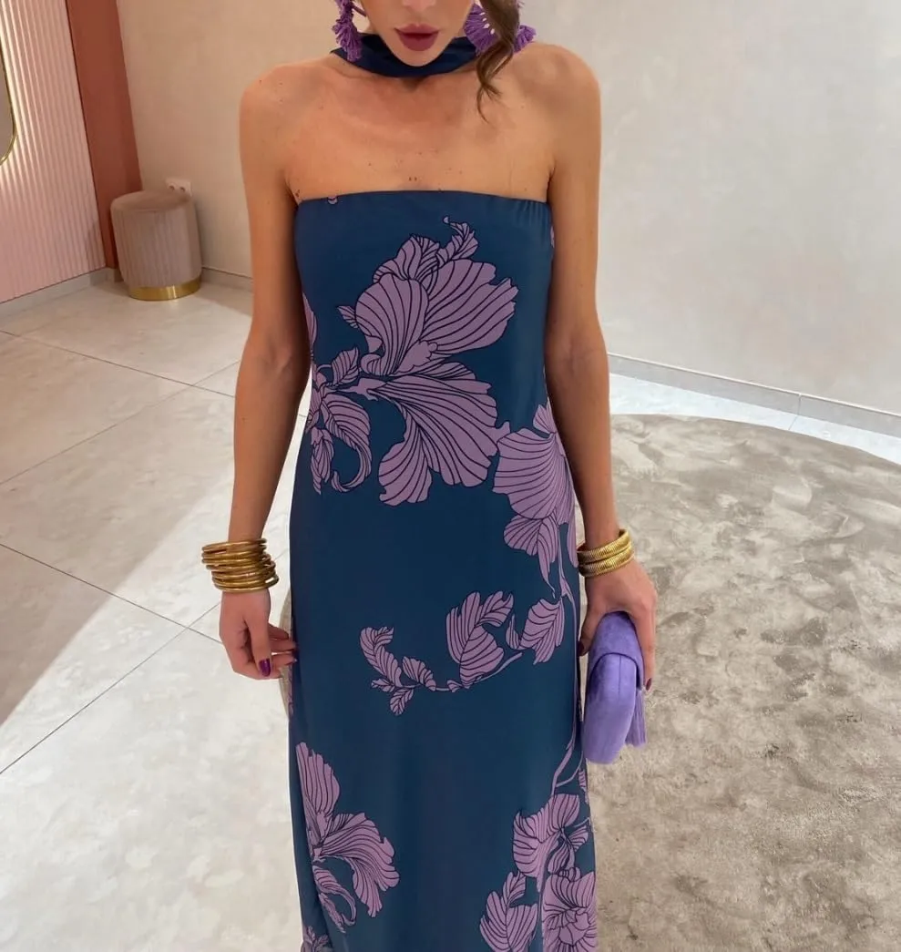 Women Floral Maxi Dress with Scarf Elegant Strapless Backless Bodycon Long Dress Y2k Tube Cocktail Sundress