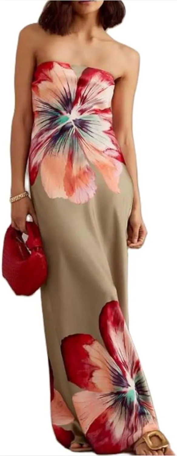 Women Summer Strapless Tube Maxi Dress Y2k Floral Off Shoulder Bodycon Dress Sexy Slip Party Cocktail Long Dress