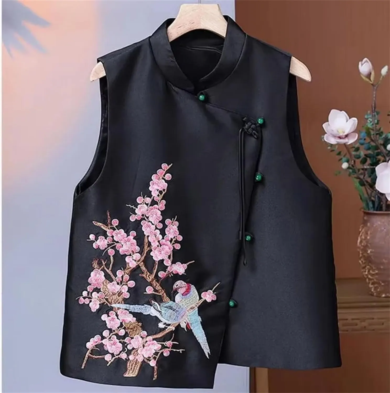 Women's Elegant Satin Blouse for Wedding Guest Breathable Sleeveless Mandarin Collar Asymmetric Embroidered Vest