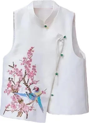 Women's Elegant Satin Blouse for Wedding Guest Breathable Sleeveless Mandarin Collar Asymmetric Embroidered Vest