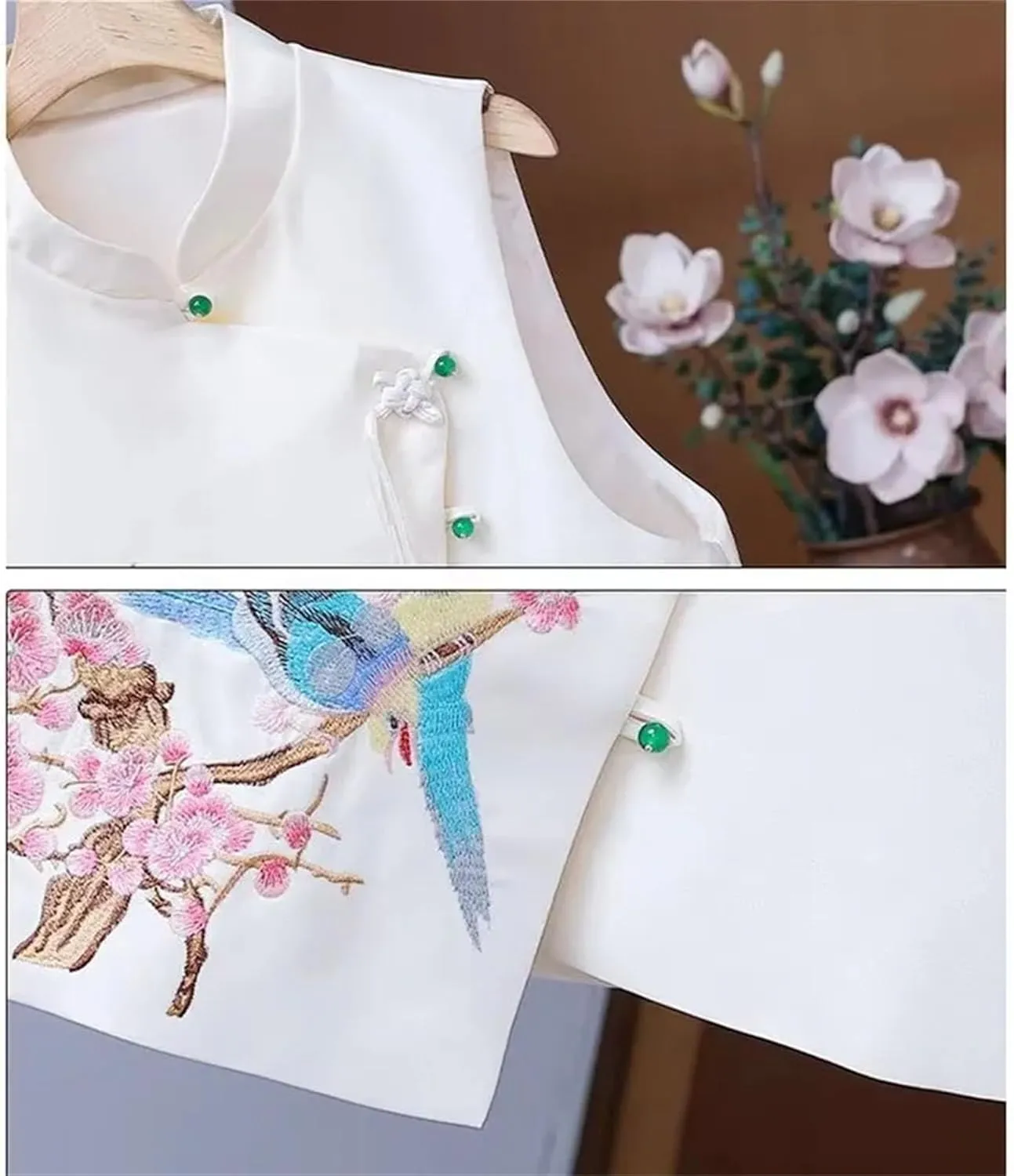 Women's Elegant Satin Blouse for Wedding Guest Breathable Sleeveless Mandarin Collar Asymmetric Embroidered Vest