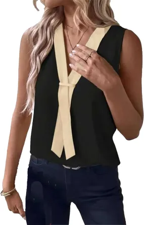 Women's Lightweight V-Neck Sleeveless Vest Summer Breathable Patchwork Work Blouses Shirt Casual Loose Fit Thank Top