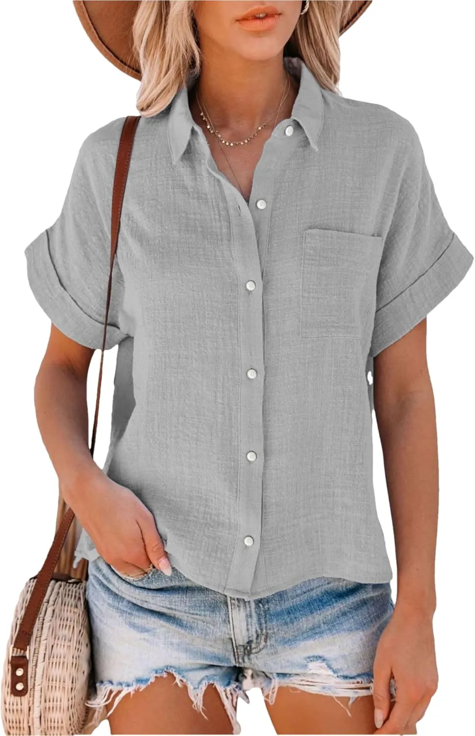 Womens Summer Cotton Linen Short Sleeve Button Down Shirt Collared V-Neck Loose Fit Blouse Beach Office Tops