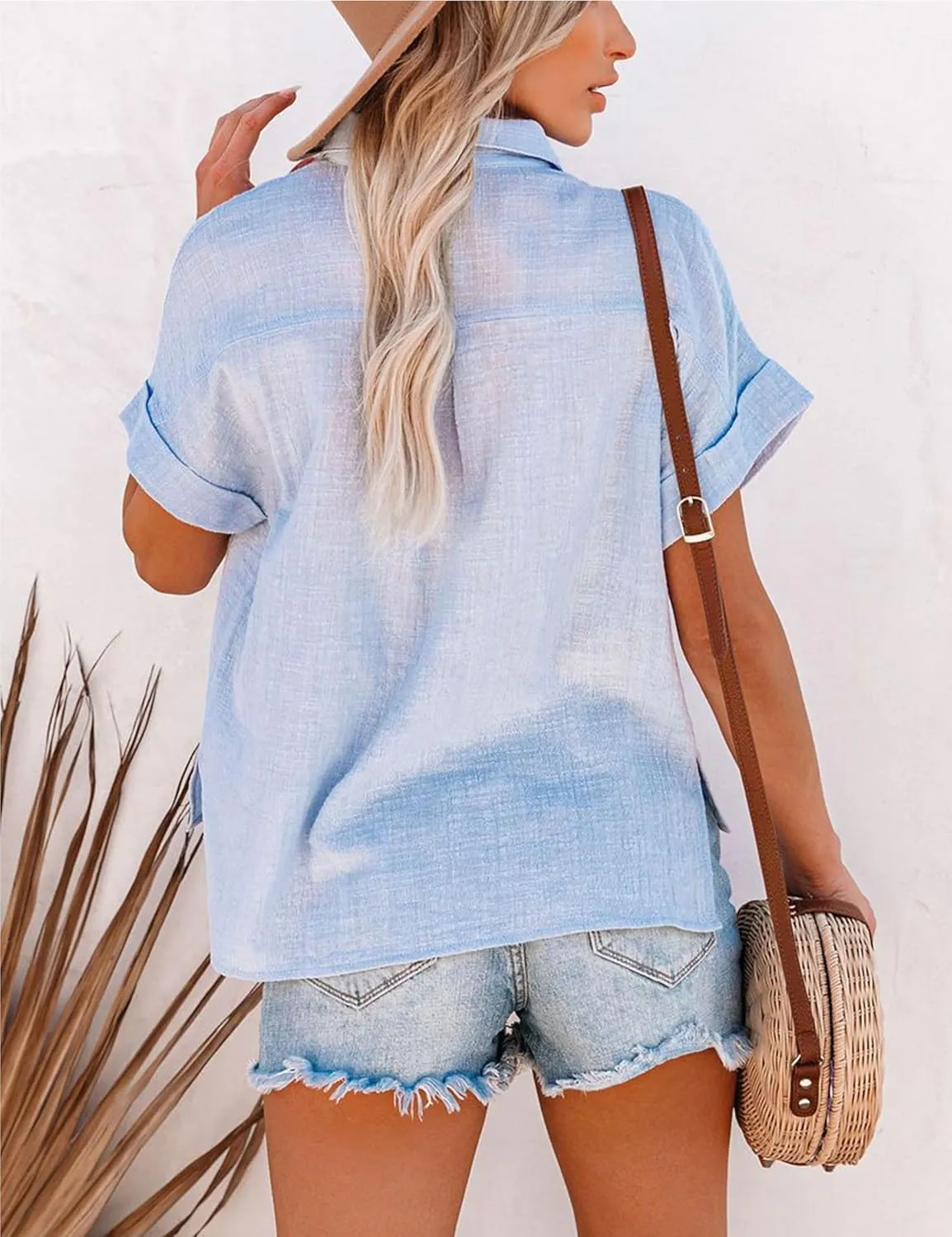 Womens Summer Cotton Linen Short Sleeve Button Down Shirt Collared V-Neck Loose Fit Blouse Beach Office Tops