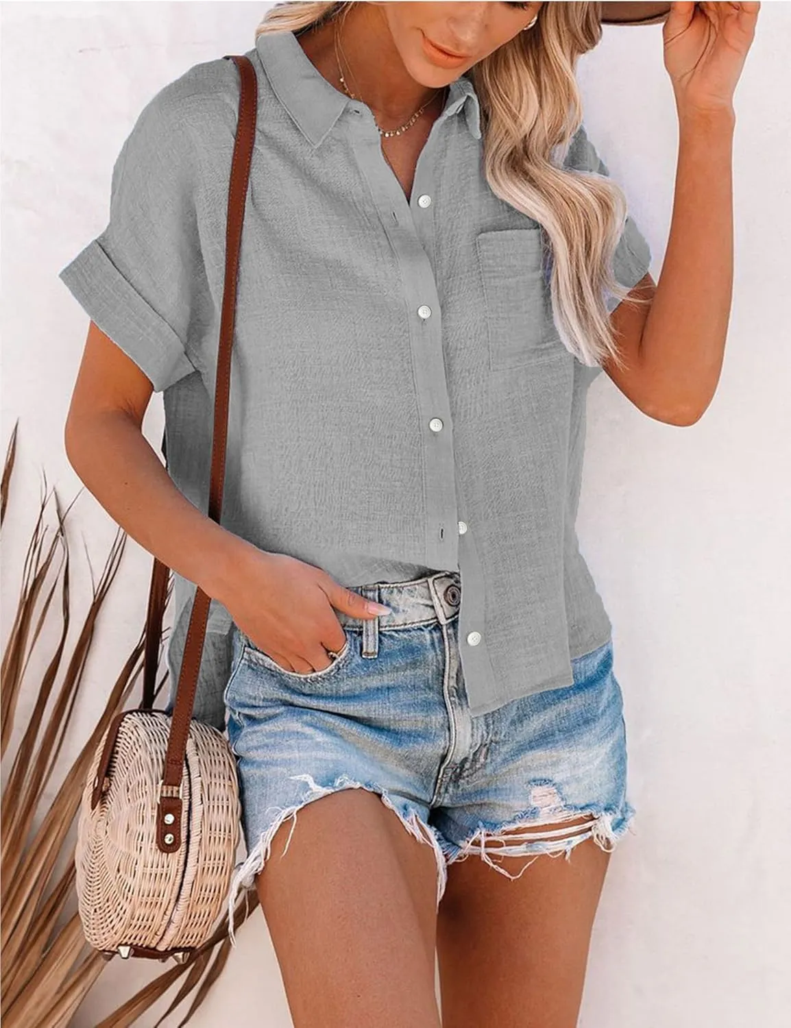 Womens Summer Cotton Linen Short Sleeve Button Down Shirt Collared V-Neck Loose Fit Blouse Beach Office Tops