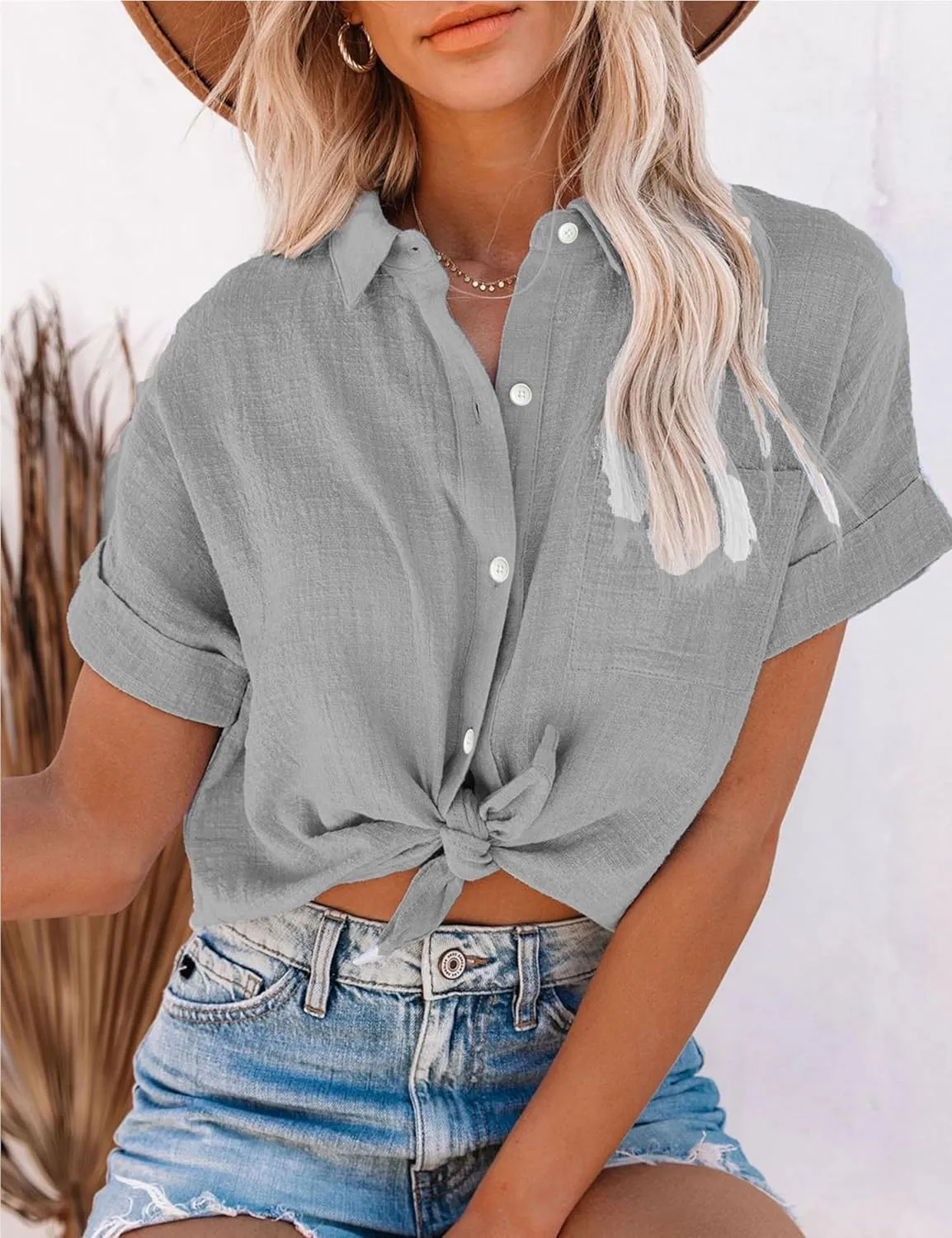 Womens Summer Cotton Linen Short Sleeve Button Down Shirt Collared V-Neck Loose Fit Blouse Beach Office Tops