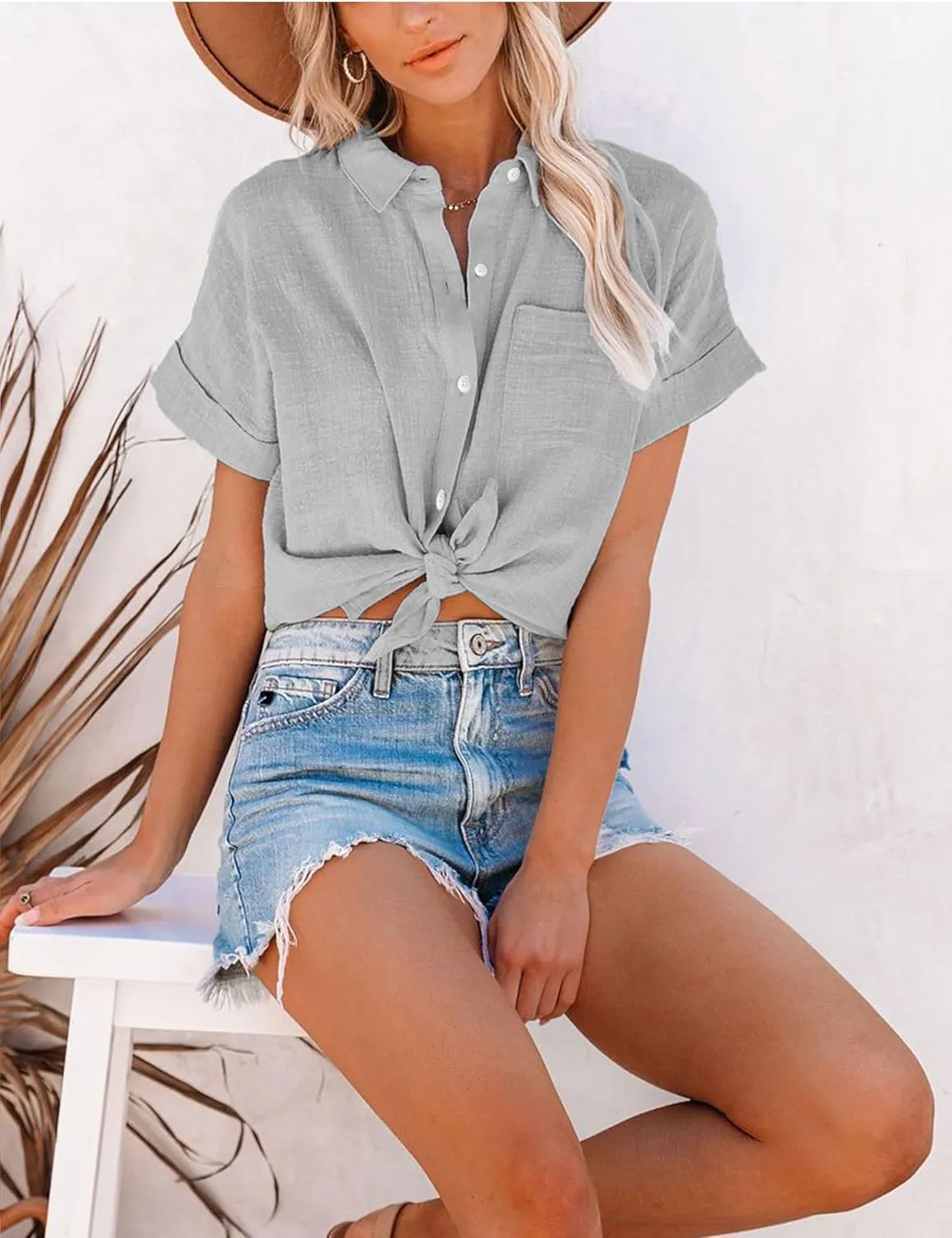 Womens Summer Cotton Linen Short Sleeve Button Down Shirt Collared V-Neck Loose Fit Blouse Beach Office Tops