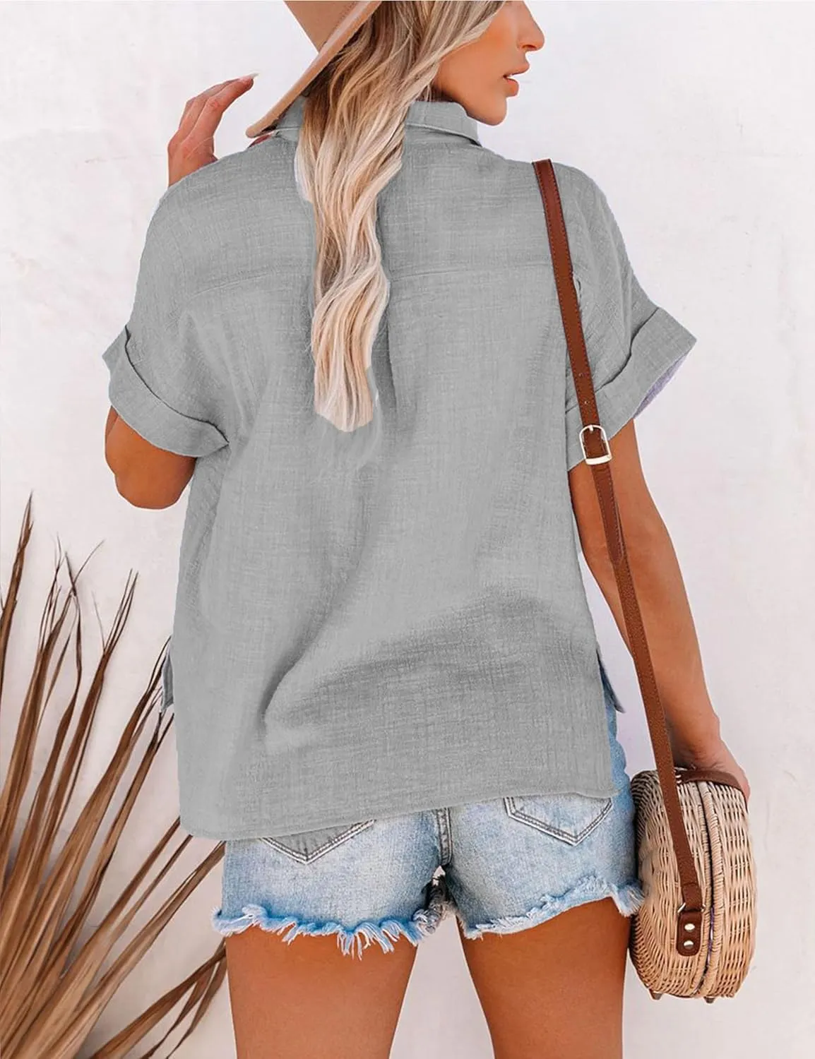 Womens Summer Cotton Linen Short Sleeve Button Down Shirt Collared V-Neck Loose Fit Blouse Beach Office Tops