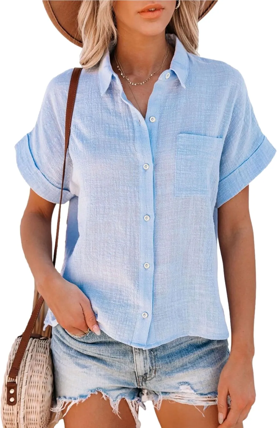 Womens Summer Cotton Linen Short Sleeve Button Down Shirt Collared V-Neck Loose Fit Blouse Beach Office Tops