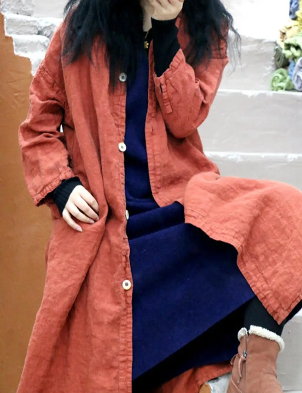 Ystylee Womens Long Trench Coat Cotton Linen Spring Fall Chic Button Down Maxi Shirt Dress Blouse